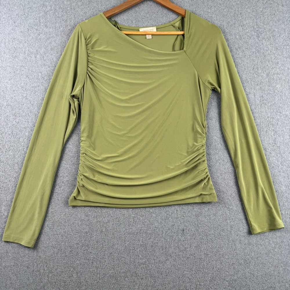 London Rose Top Womens Large Green Asymmetric Ruched Long Sleeve LR2036 Solid